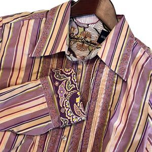 Robert Graham Womens Embroidered Button Up Top Size M Flip Cuff Pleated Striped